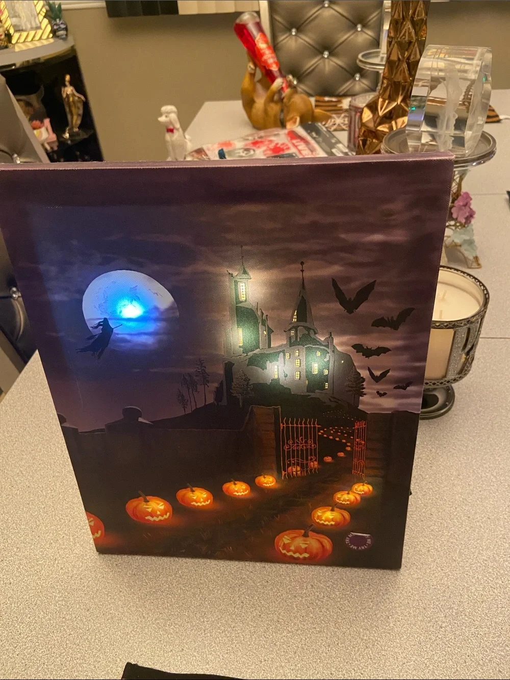 Halloween LED Canvas Wall Art - Haunted Castle with Pumpkins